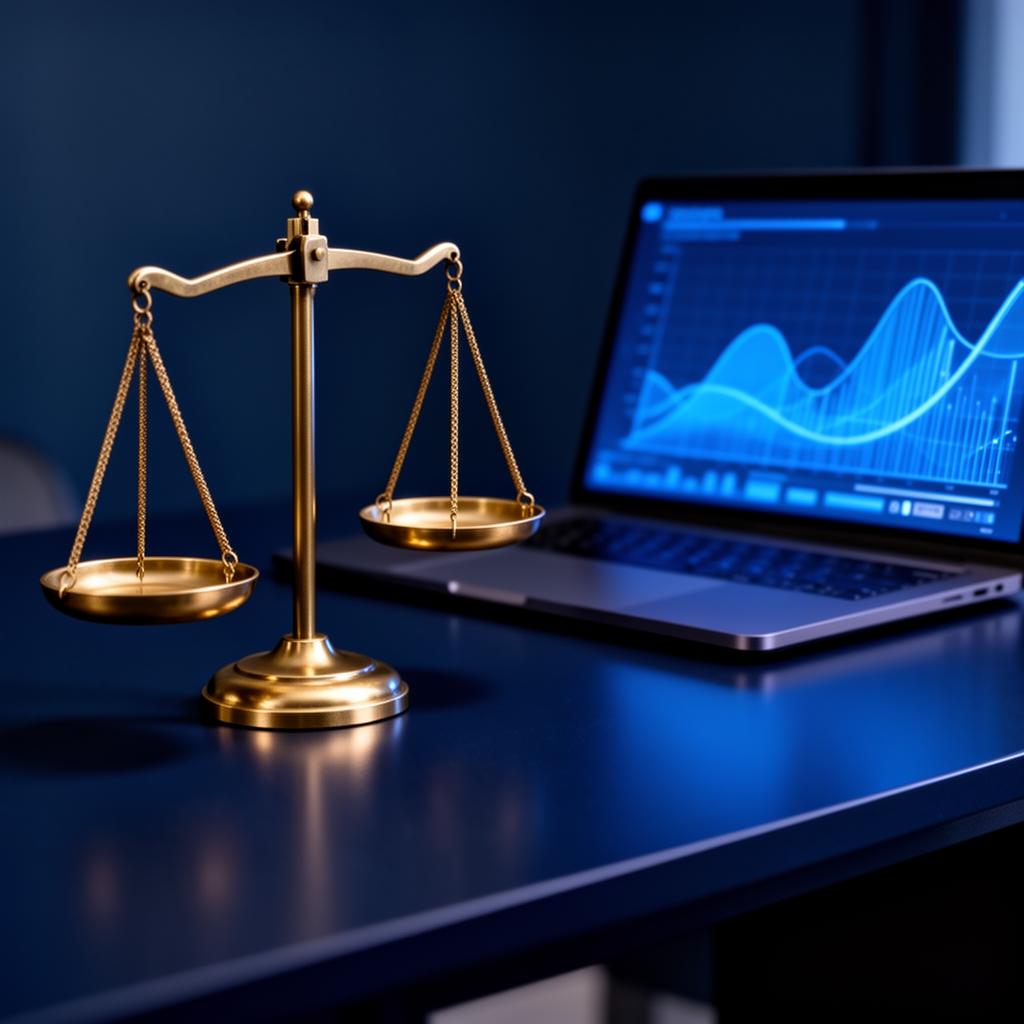 Scales of justice beside a laptop showing data visualization